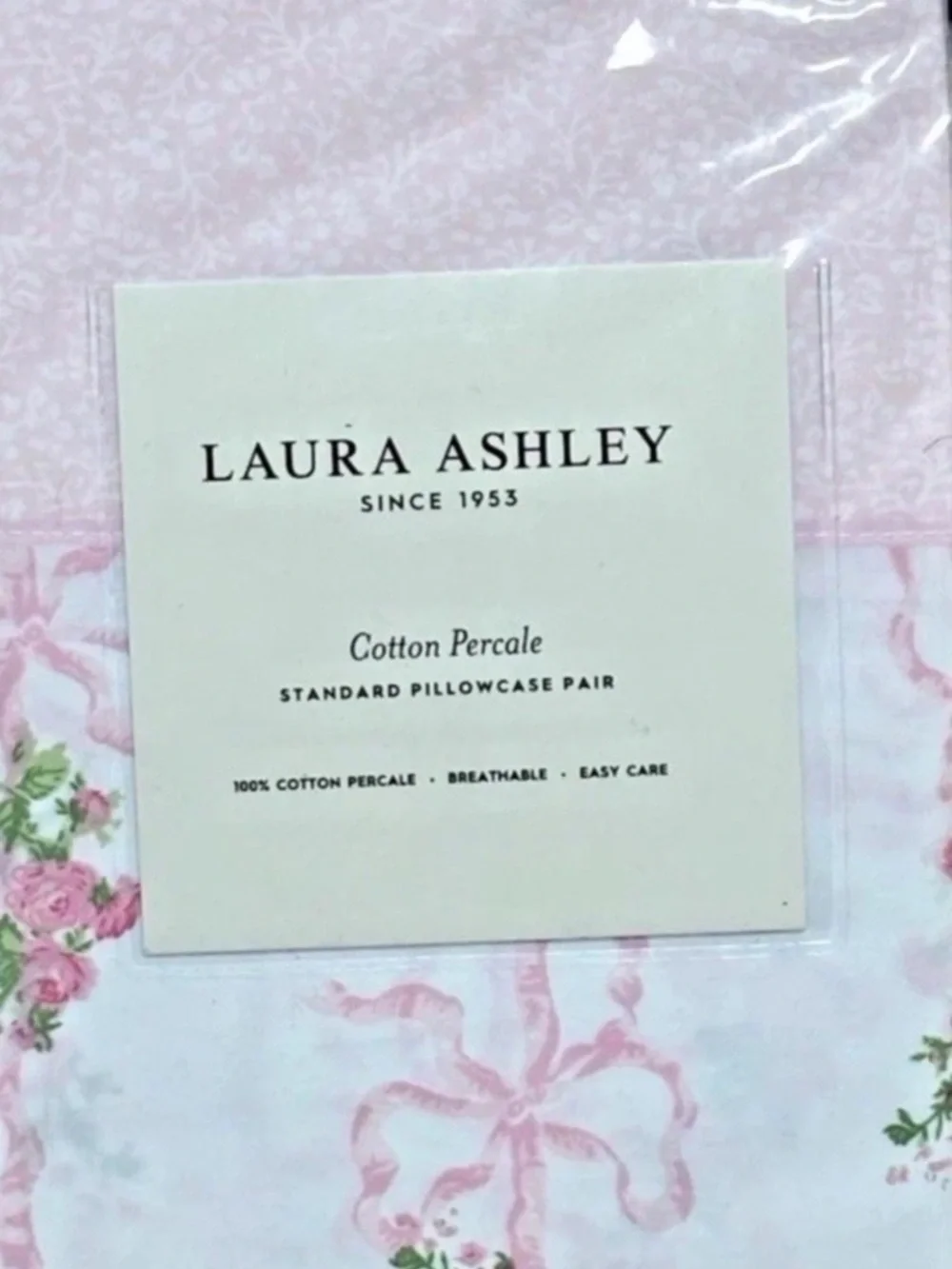 Laura Ashley~Pillowcase Pair~ Pink Floral Ribbon 100% Cotton Percale Standard